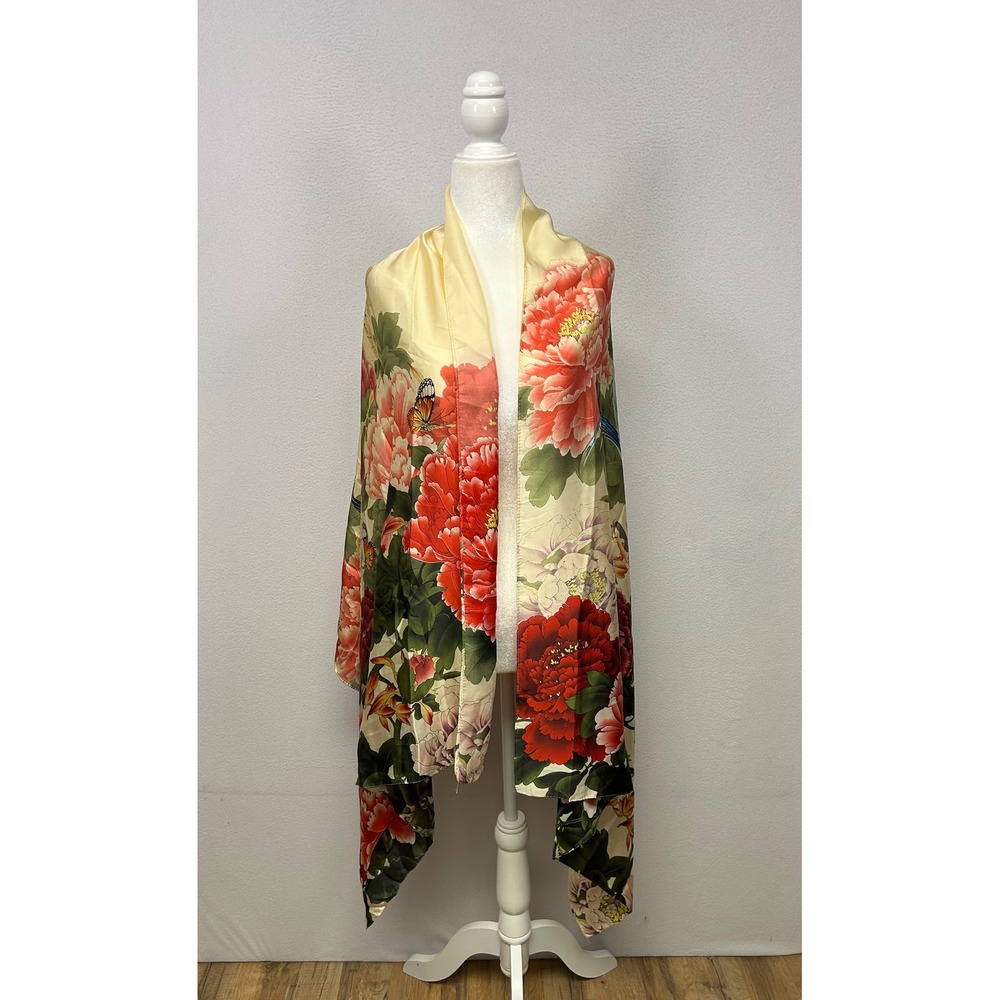 Floral Botanical Luxury Womens OS Cream Red Silk Rectangular Scarf Shawl